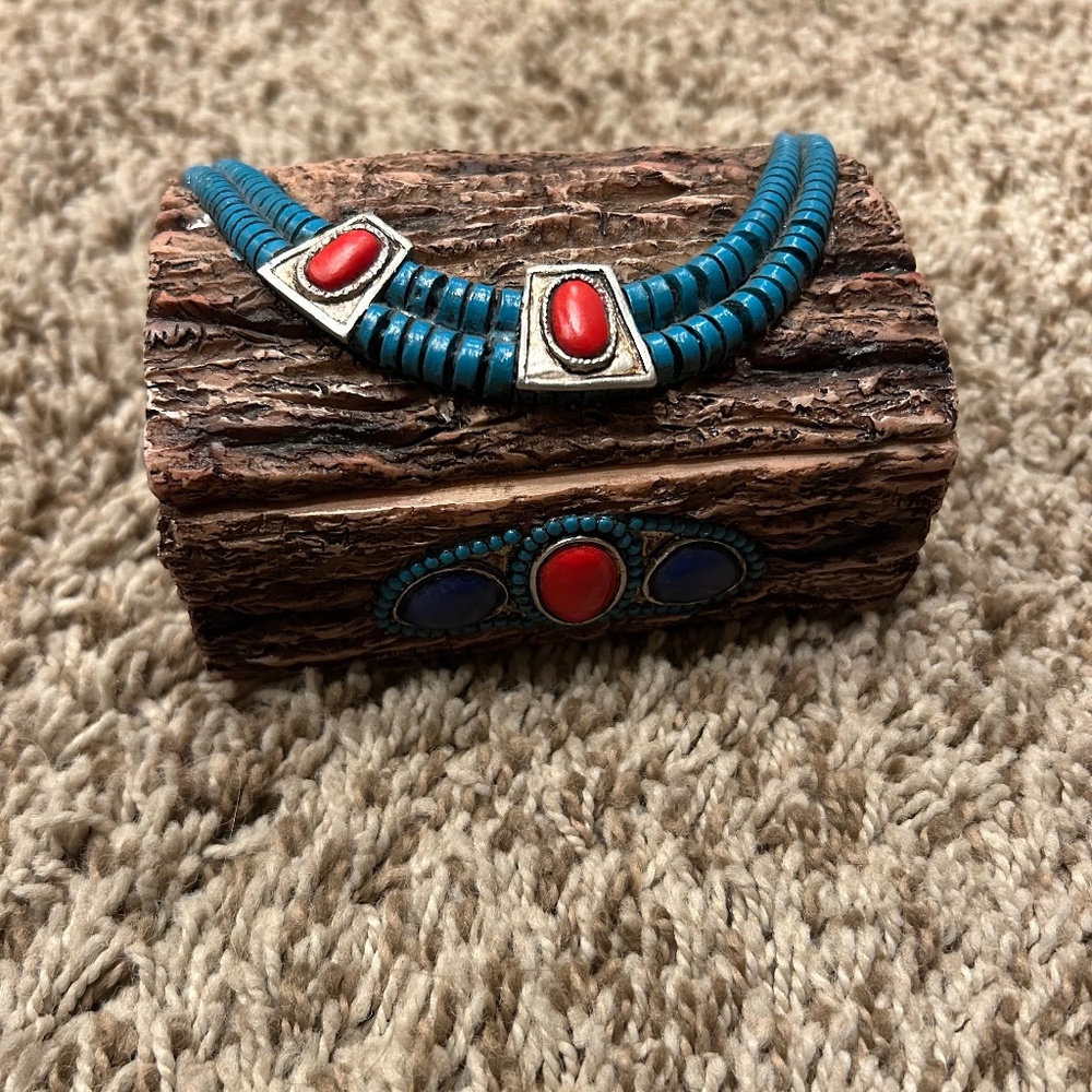 Boho Southwestern Turquoise & Red Inlay Wooden Trinket Jewelry Box